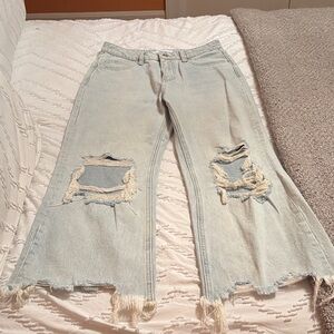 Frayed Light Blue Women's Wide Leg Jeans